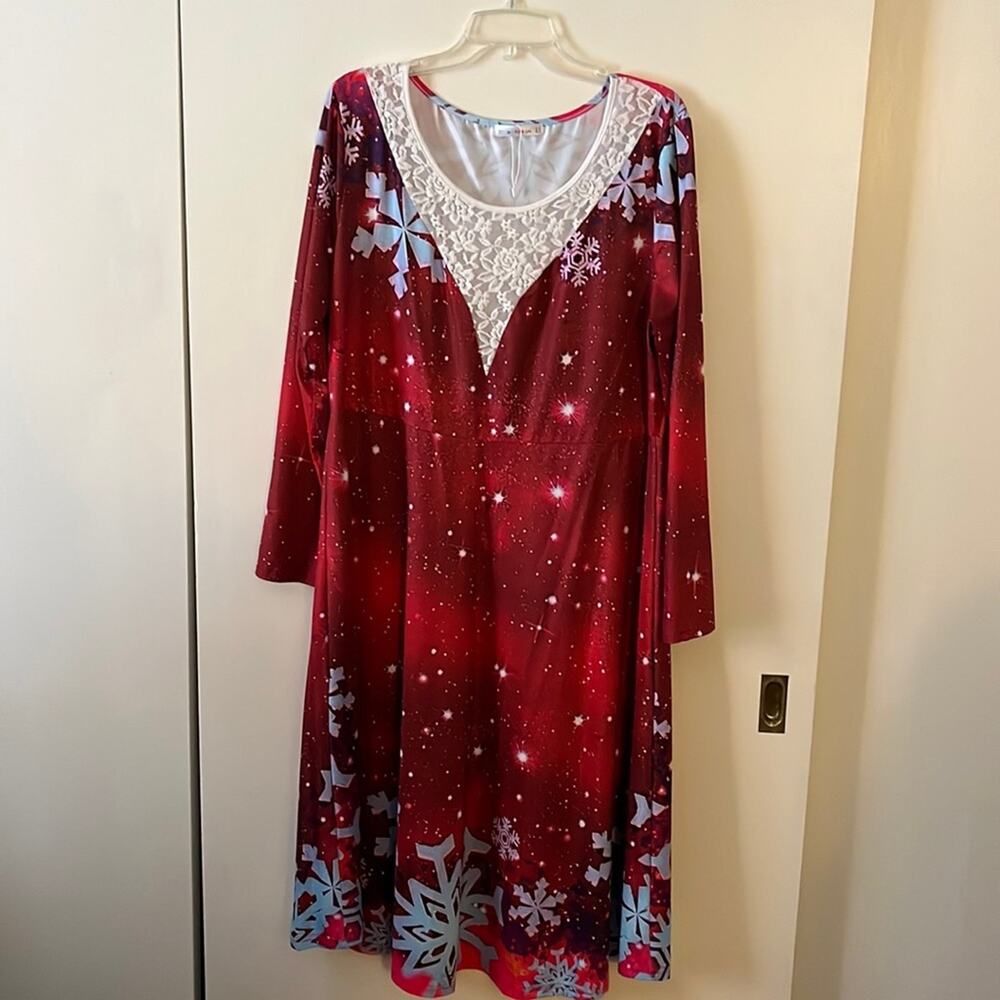 Rosegal Snowflake Dress Red White 2XL